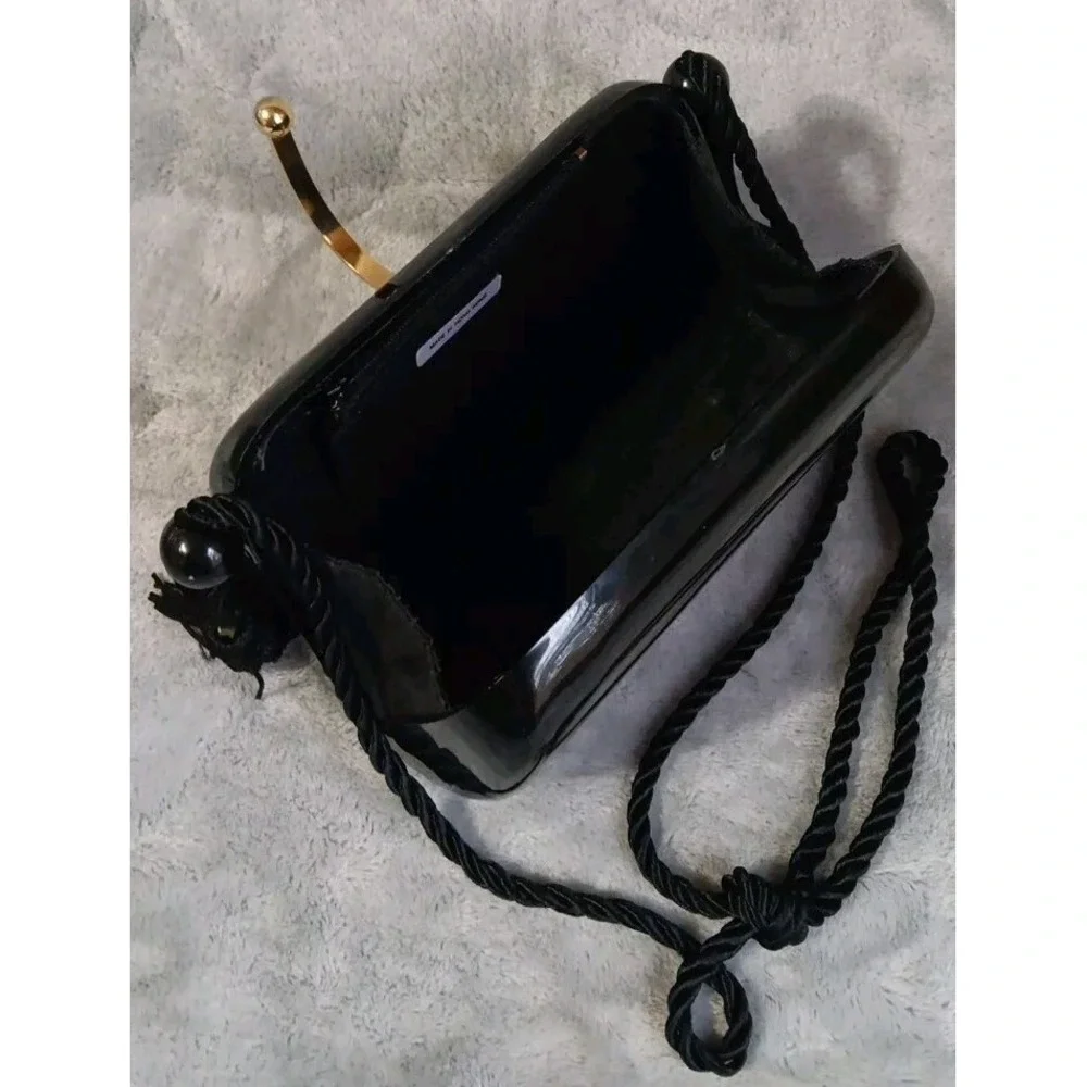 Vintage Hong Kong Made Plastic‎ Purse Black Tasseled Strap Gold Tone Latch READ